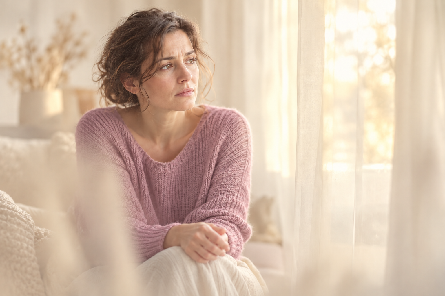 Bizonytalanul elgondolkodó nő lágy ablakfényben